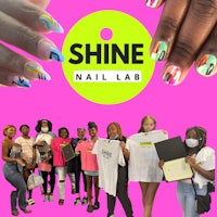 a group of people holding t - shirts with the words shine nail lab